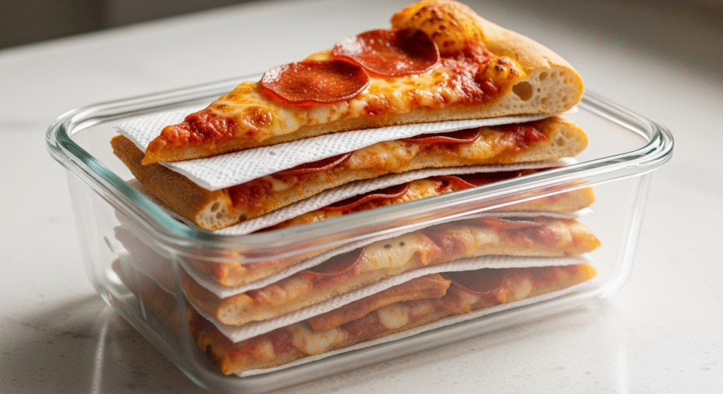 how long is pizza good for in the fridge - Slices of leftover pizza stacked in a clear, airtight container, separated by white paper towels to show the proper storage method.