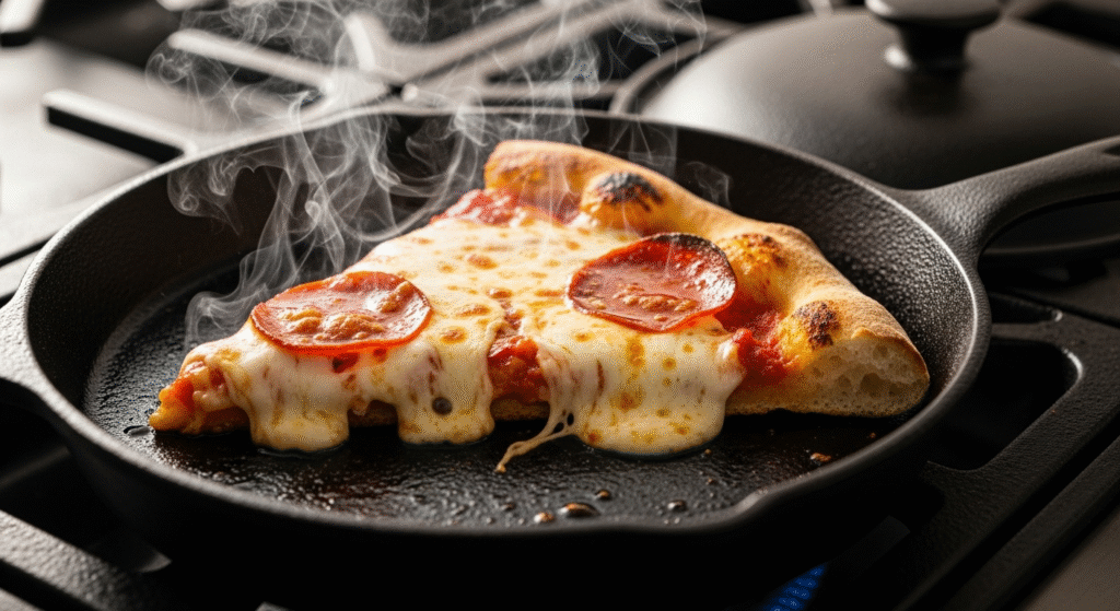 how long is pizza good for in the fridge - Close-up of a leftover pizza slice sizzling in a black cast-iron skillet, with the cheese perfectly melted and bubbling.