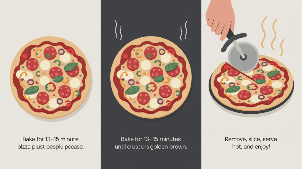 7. Top and Bake

Add pizza sauce, cheese, veggies, meats, herbs, or toppings.

Bake for 13–15 minutes until crust turns golden brown.

Remove, slice, serve hot, and enjoy!