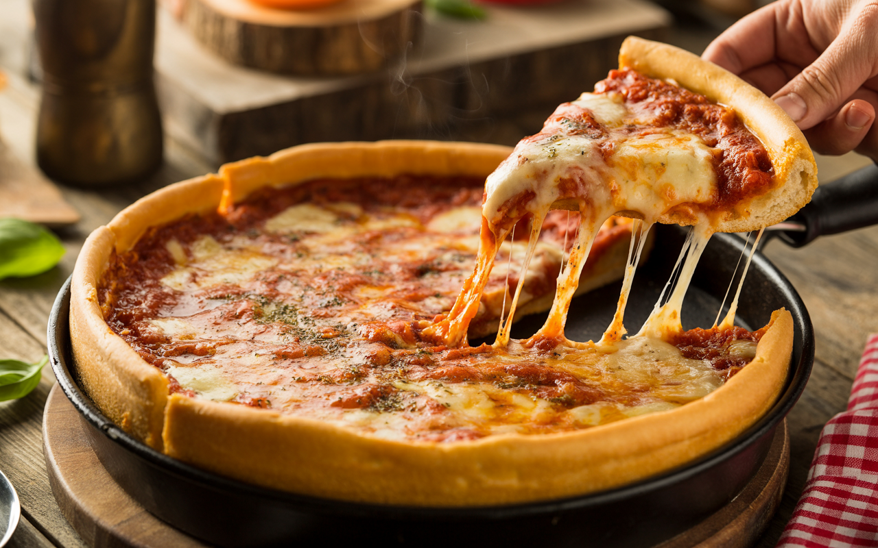 Deep Dish Pizza Recipe – Authentic Chicago-Style Pie with Buttery Crust & Layers of Melty Cheese