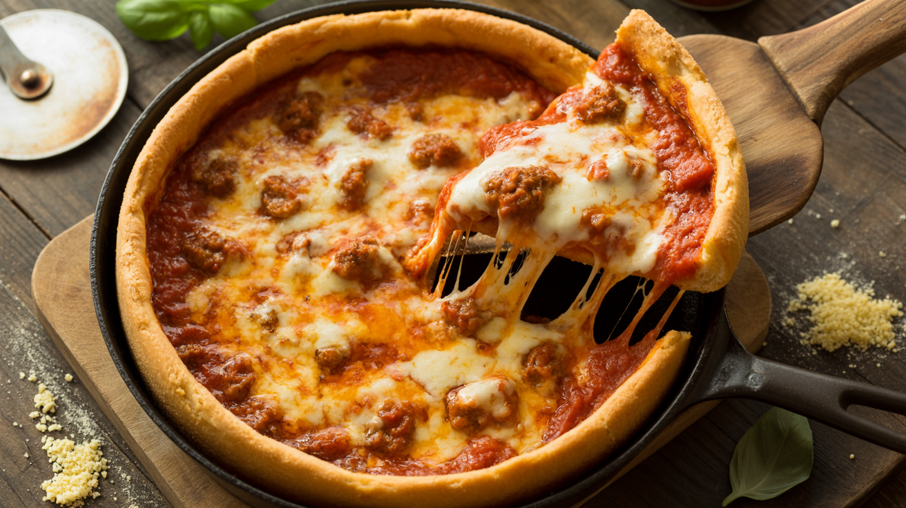 Chicago Deep Dish Pizza Recipe in Cast Iron | Authentic Cornmeal & Butter Crust