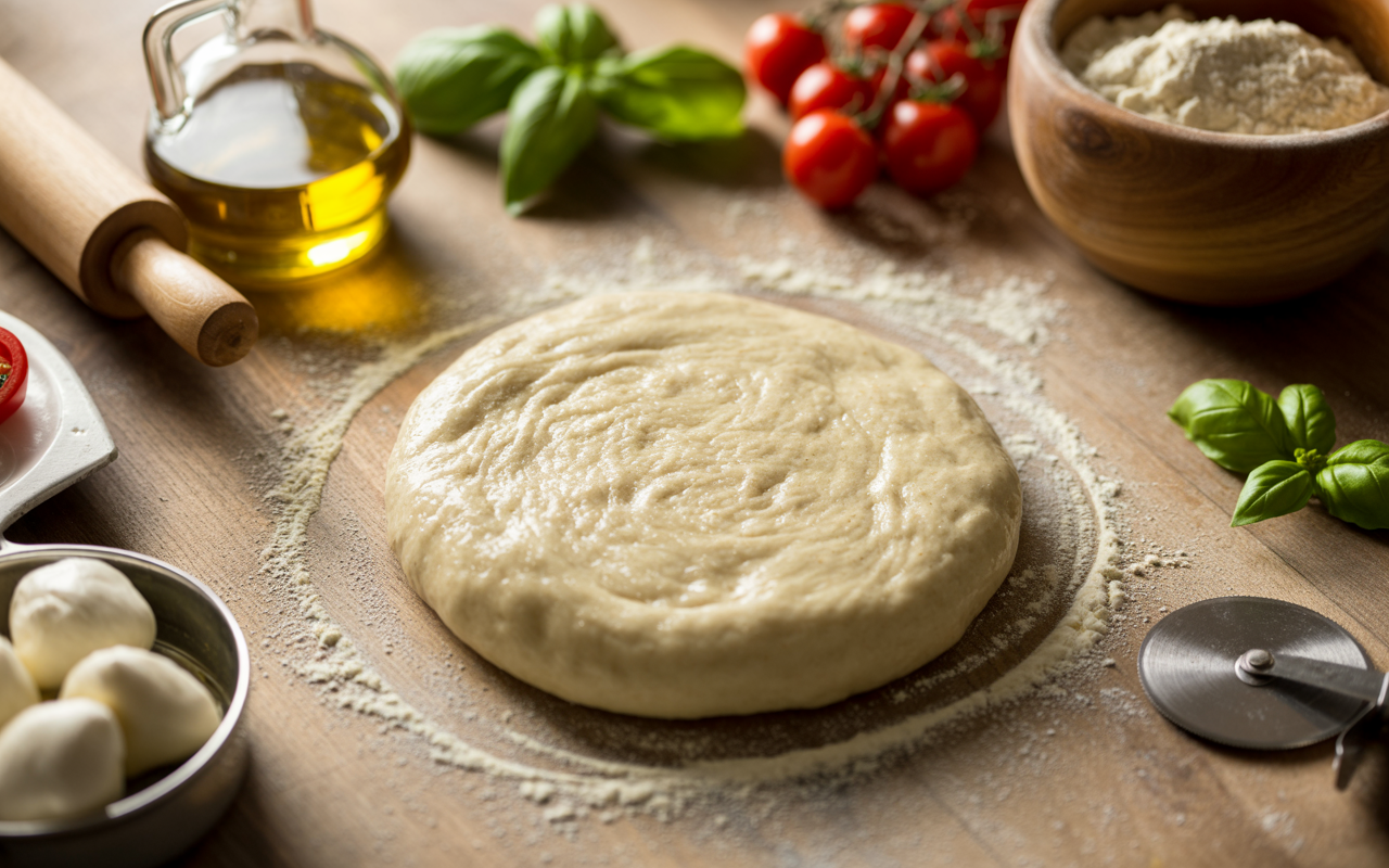 Professional food photography of homemade pizza dough being prepared on a rustic wooden kitchen countertop. Soft, stretchy raw pizza dough ball dusted with flour, surrounded by ingredients – olive oil bottle, yeast, wooden bowl of flour, rolling pin, fresh basil leaves, cherry tomatoes, mozzarella cheese, and pizza cutter. Warm natural light, overhead angle, high resolution, shallow depth of field, cozy home kitchen vibe, minimalist composition, perfect for food blog featured image.