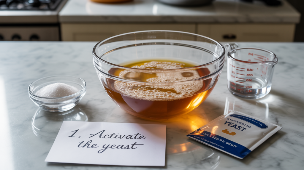 1. Activate the Yeast

In a mixing bowl, combine warm water, sugar, and yeast.

Stir gently and let it sit for 5 minutes.

If it becomes frothy, yeast is active.