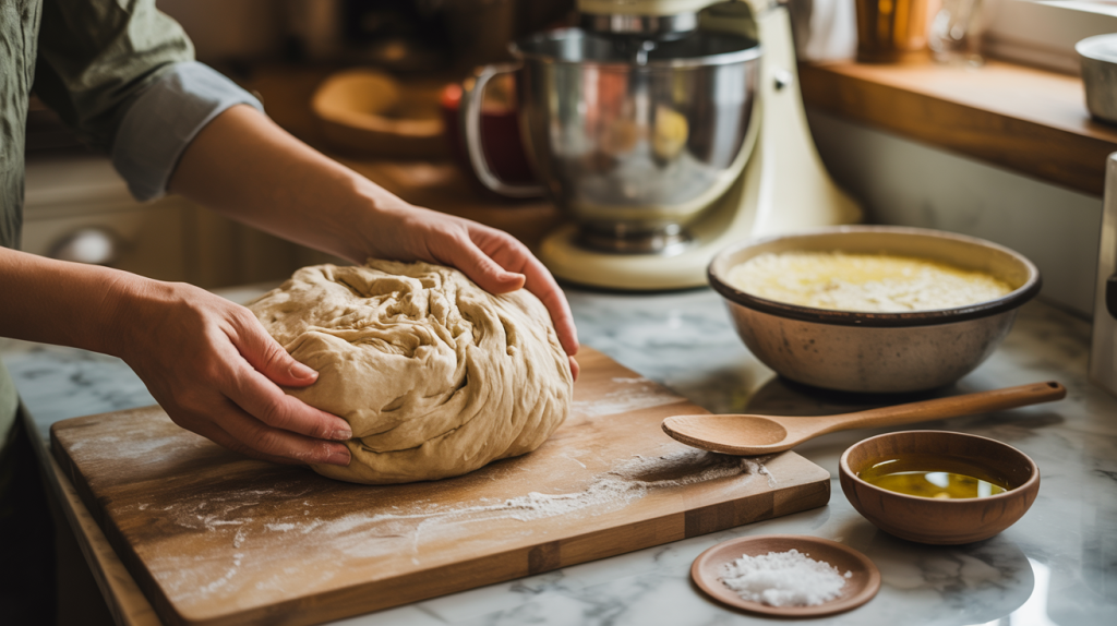 2. Make the Dough

Add flour, salt, and olive oil to the activated yeast.

Mix with a wooden spoon or using a stand mixer until a shaggy dough forms.

If dough is too sticky, sprinkle a little extra flour.